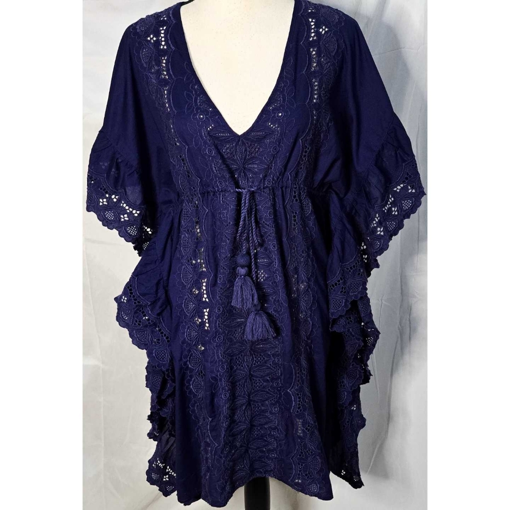 J Crew Swim Cover-up Dress Navy Blue Eyelet Lace Ruffle Tassel Drawtstring